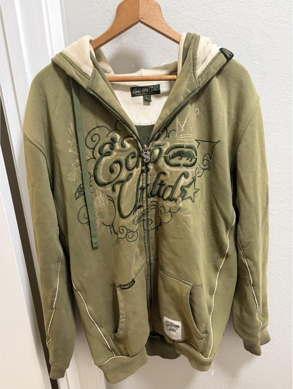 VTG ECKO UNLTD Hoodie L Y2K Zip Up Green Money Grunge Rare